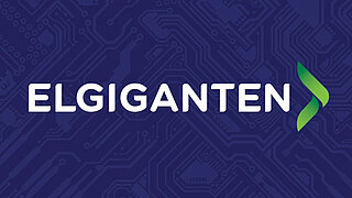 Logo des Unternehmens "Elgiganten" mit weißer Schrift auf dunkelblauem Hintergrund