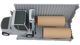 Graphic of a forklift truck placing two long rolls next to each other in a container