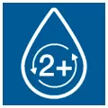 Blaues Icon mit dem Umriss eines Tropfens mit zwei Pfeilen und der Aufschrift "2+" in der Mitte