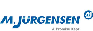 Logo der Firma "M. Jürgensen" mit dem Slogan "A promise kept" und blauem Schriftzug