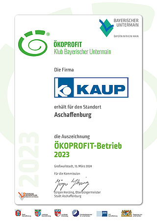Certificat de la distinction de KAUP en tant qu'entreprise éco-profit par la ville d'Aschaffenburg