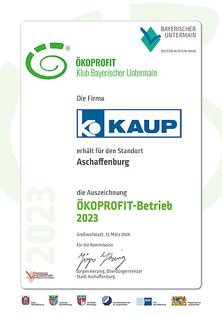 Certificado de la distinción de KAUP como empresa ecológica por la ciudad de Aschaffenburg