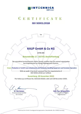 KAUP Zertifikat Energiemanagementsystem ISO:50001 (englische Version)