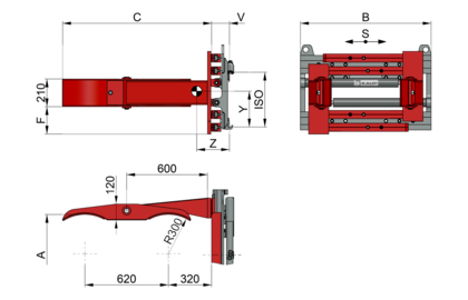 Trois vues d'une pince à fûts avec les composants et les inscriptions en rouge