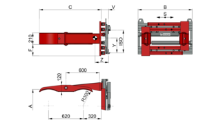 Tres vistas de una pinza para bidones con componentes e inscripciones resaltadas en rojo
