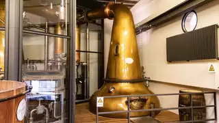 Front view of a large copper still for distilling whiskey in a spirit factory