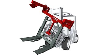 Graphic representation of a forklift truck with container emptier with red component