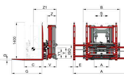 Representación esquemática de la unidad de doble paleta KAUP con etiquetas y vista lateral