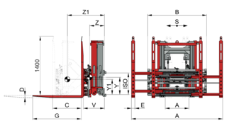Representación esquemática de la unidad de doble paleta KAUP con etiquetas y vista lateral