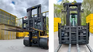 Two views of a yellow forklift truck on an outside area with an attachment at different heights
