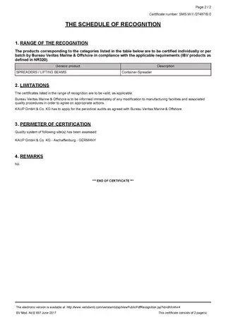 Zertifikat, ausgestellt durch Bureau Veritas Marine and Offshore, für KAUP Container Spreader