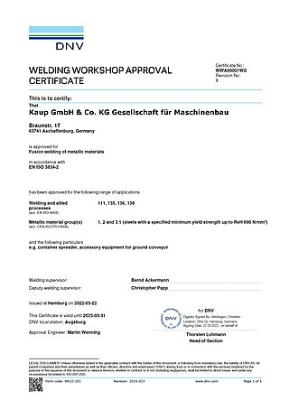 Zertifikat über die Herstellerqualifikation zum Schweißen von Stahlbauten, ausgestellt von der DNV