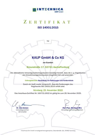 KAUP Zertifikat Umweltmanagementsystem ISO:14001
