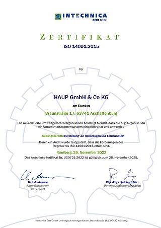 Certificado KAUP Sistema de gestión medioambiental ISO:14001 (versión alemana)