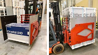 Front and side view of a forklift truck with clamp fork and loaded goods
