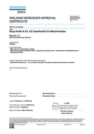 Certificate of manufacturer's qualification for welding steel structures issued by DNV