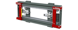 Animated representation of a fork positioner with red components in various positions