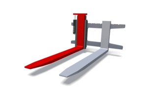 Animated representation of a height-adjustable forklift fork in red during raising and lowering