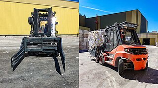 Vue avant et arrière d'un chariot élévateur transportant des rouleaux de vieux papiers compressés