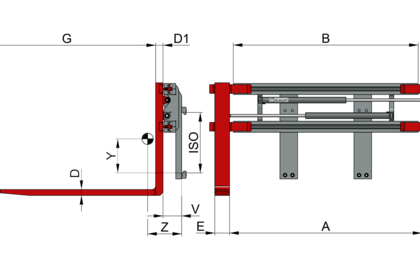 Gráfico de un posicionador de horquillas con componentes rojos, etiquetado y vista lateral