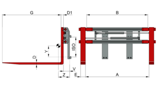 Graphique d'un positionneur de fourches avec composants rouges, inscriptions et vue latérale