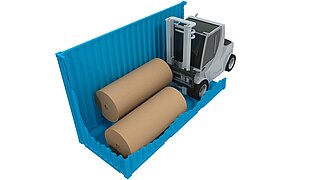 A forklift truck places a long roll next to another in a narrow blue container