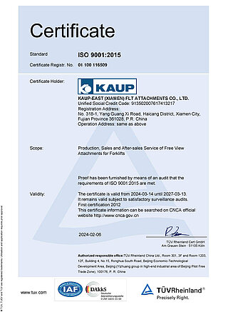 Zertifikat Qualitätsmanagement ISO 9001:2015 (englische Version)