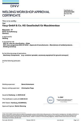 Certificate of manufacturer's qualification for welding steel structures issued by DNV