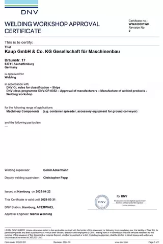 Zertifikat über die Herstellerqualifikation zum Schweißen von Stahlbauten, ausgestellt von der DNV