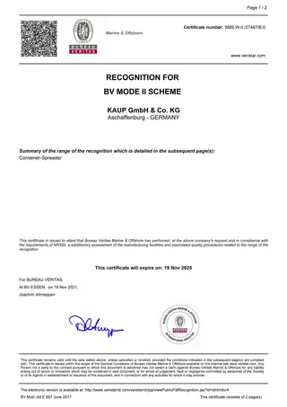 Zertifikat für Bureau Veritas Marine and Offshore mit dem Titel "Recognition for BV Mode 2 Scheme"