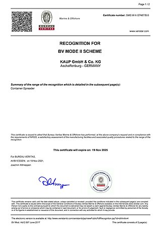 Zertifikat für Bureau Veritas Marine and Offshore mit dem Titel "Recognition for BV Mode 2 Scheme"