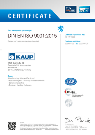Zertifikat Qualitätsmanagement ISO 9001:2015 (englische Version)