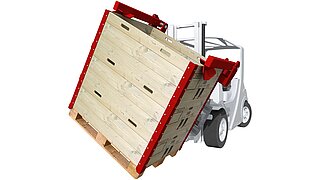 Graphic of a forklift rotating several stacked wooden crates with a clamp