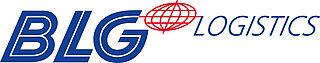 Logo des Unternehmens "BLG Locistics" mit blauer Schrift und einem roten Globus als Trenner