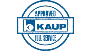 Blaue Stempelmarke mit der Aufschrift "Approved Full Service" und dem KAUP Logo in der Mitte