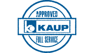 Sello azul con la inscripción "Approved Full Service" y el logotipo de KAUP en el centro