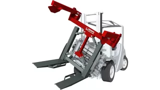 Grafische Darstellung eines Gabelstaplers mit Behälterentleerer mit rotem Bauteil