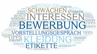 Wortwolke mit den zentralen Begriffen "Bewerbung", "Kleidung", "Schwächen" und "Interessen"