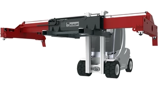 Attachment for picking up containers on the upper long side with components highlighted in red