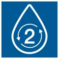 Blue icon with the white outline of a drop with two arrows and the number 2 in the middle