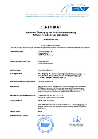 Certificate on a system for the transfer of recyclable material identification, issued by the SLV