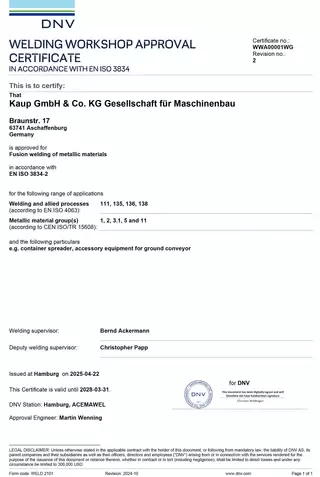 Zertifikat über die Herstellerqualifikation zum Schweißen von Stahlbauten, ausgestellt von der DNV