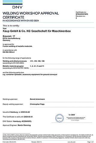 Certificate of manufacturer's qualification for welding steel structures issued by DNV