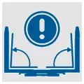 Quadratisches Icon mit blauer Klammergabel, zwei Pfeilen und einem runden Warnzeichen darüber