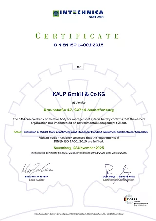 Certificat KAUP Système de gestion environnementale ISO:14001 (Version anglaise)