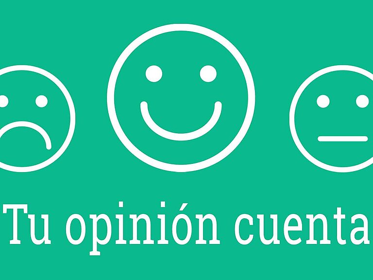 Tres smileys, sonriente, triste y de aspecto neutro, con la inscripción "Tu opinión cuenta"