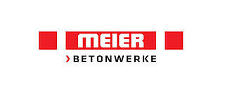 Logo des Betriebs "Meier Betonwerke" mit rot unterlegter Schrift auf weißem Hintergrund