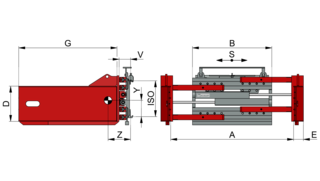 Schematic representation of a recycling clip with side view, labels, and red construction parts