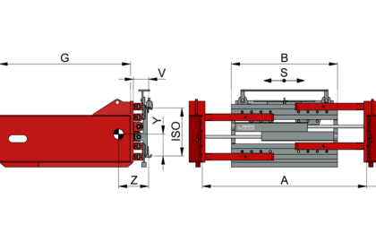 Schematic representation of a recycling clip with side view, labels, and red construction parts
