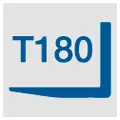 Icon with inscription T180 and blue image of a forklift fork on white background